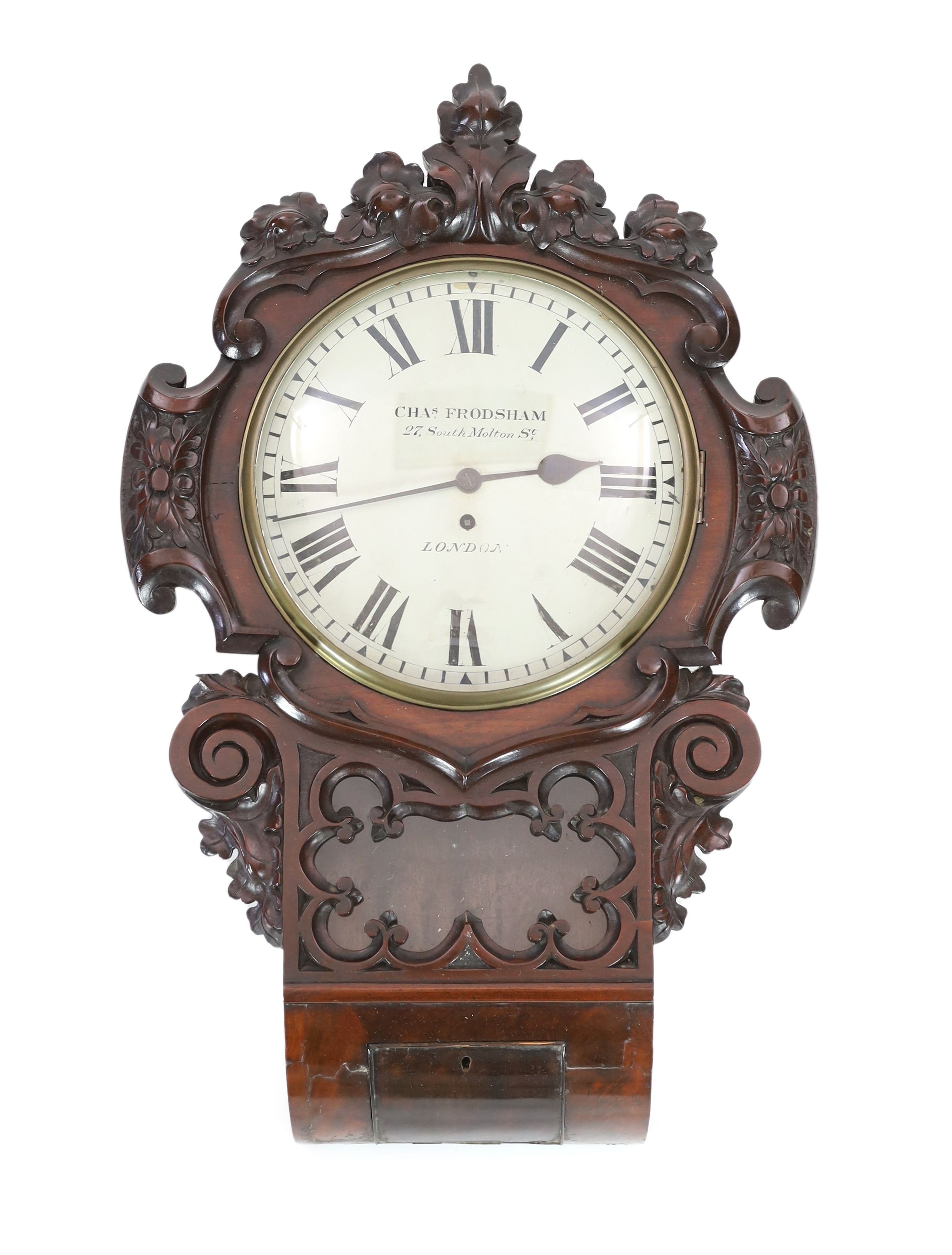 Charles Frodsham, 27 South Molton Street, London. A Victorian carved mahogany drop dial wall timepiece, width 48cm, height 76cm